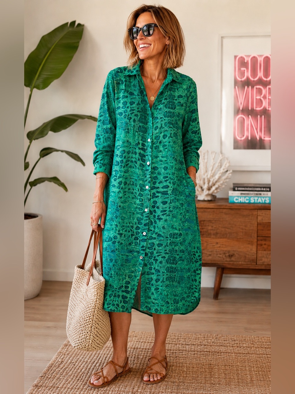 Italian Linen Button Front Shirt Dress Green Snakeskin Print Size S